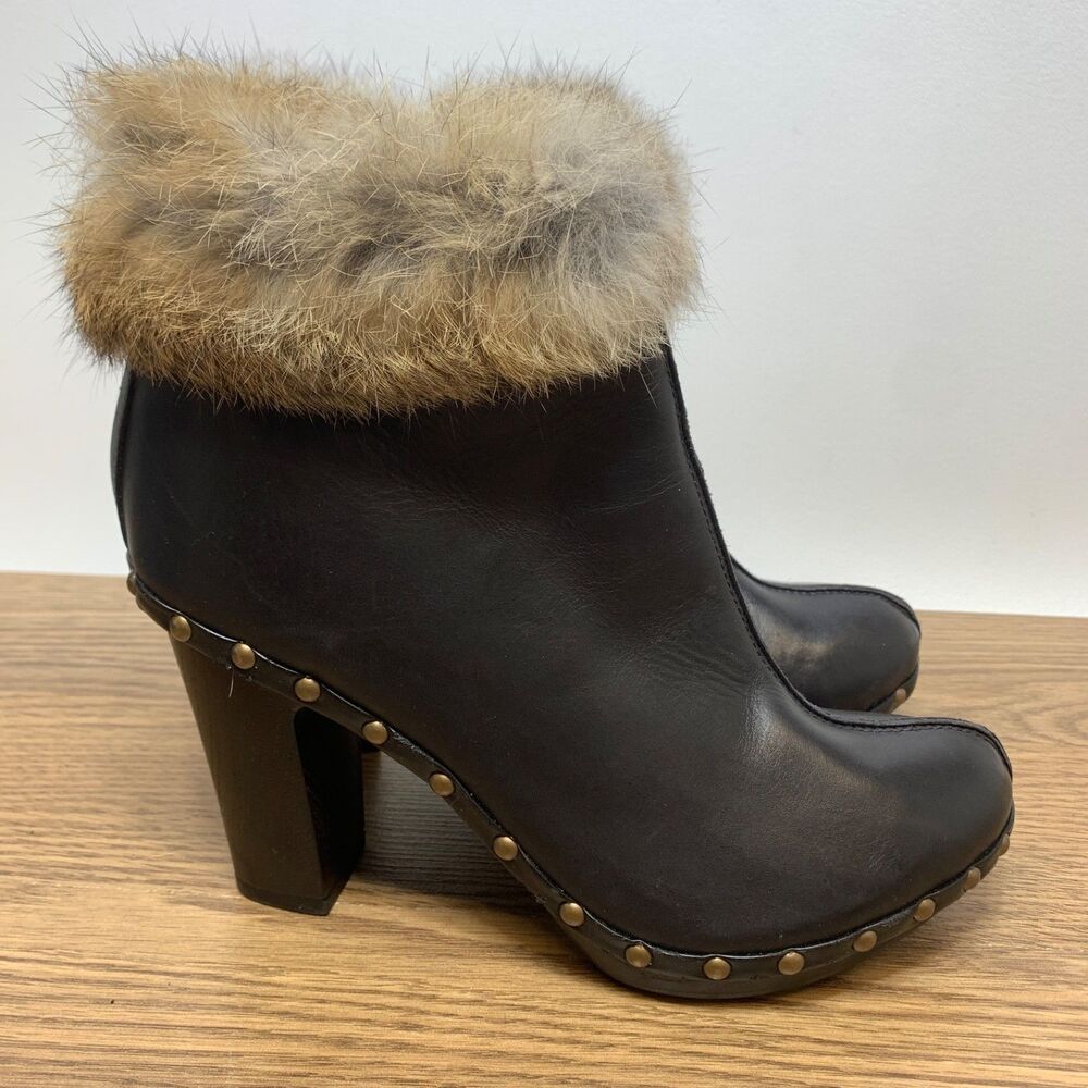 Goffredo Fantini Black Leather Ankle Heel Boots Fur Trim Vintage Y2K 37